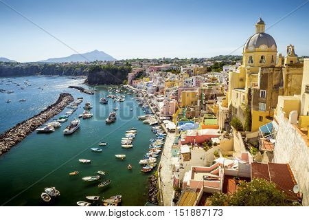 Panorama of colorful Corricella village on Procida island, Italy