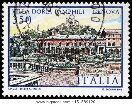 LUGA RUSSIA - JUNE 25 2016: A stamp printed by ITALY shows view of the Villa Doria Pamphili in Genoa Italy circa 1984