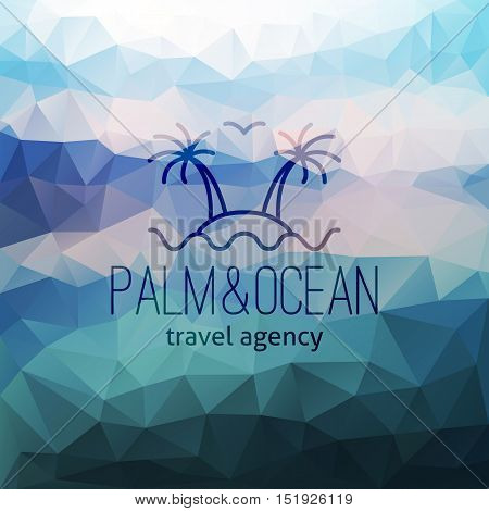 travel agency logo on polygon seascape background, palms on island and wave