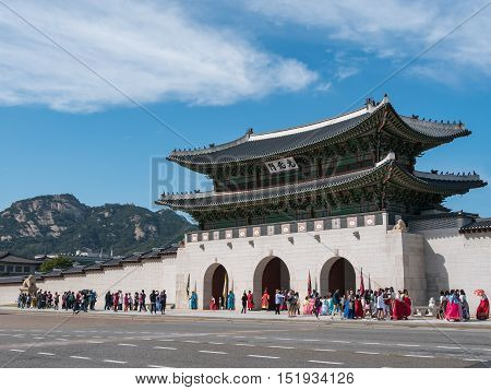 Seoul, Korea - Oct. 9, 2016:  Bugaksan Mountain and Gwanghwamun Gate in Seoul, Korea.