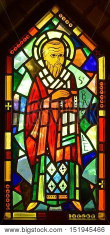 SAINT BENOIT DU LAC CANADA 10 15 16: Stained glass window inside the chapel Saint Benedict Abbey, is an Abbey was founded in 1912 by the exiled of St. Wandrille, France under Abbot Dom Joseph Pothier