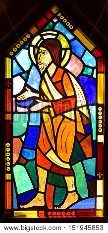 SAINT BENOIT DU LAC CANADA 10 15 16: Stained glass window inside the chapel Saint Benedict Abbey, is an Abbey was founded in 1912 by the exiled of St. Wandrille, France under Abbot Dom Joseph Pothier