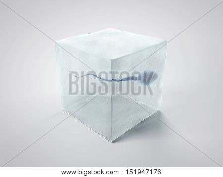 Frozen spermatozoon. Sperm in ice cube on white background. 3D illustration.