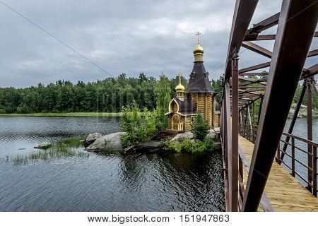 Karelia.Russia.15 Aug 2016 .View of the Church of St. Andrew on the island on the lake Vuoksa in Karelia.