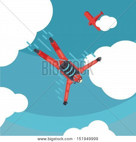 Parachute jump. Sky diver top view. Cartoon vector illustration