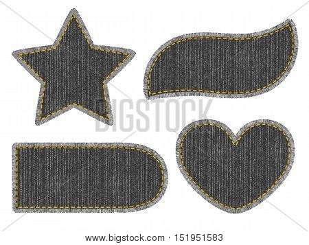 Set of black denim patches with stitch. Different shapes with place for your text isolated on white background