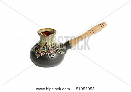Ceramik coffee maker with a wooden handle on a white background
