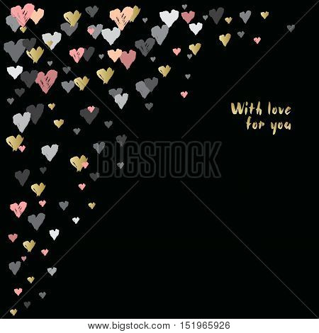 Black arc design with hearts confetti on black background. Romantic trendy heart frame. Valentine day design for love card, valentine day greetings. Vector illustration stock vector.