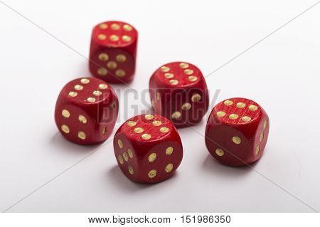 Five dice all sixes isolated on a white background