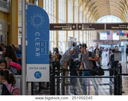 San Francisco, Ca July 3, 2018: Clear, Airport Line Shortcut Service, Line At Tsa Security Checkpoin