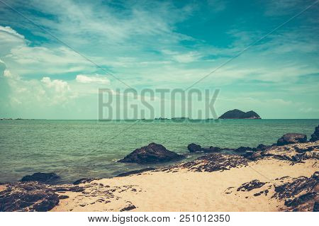 Landscape Of Peaceful Seascape. Beautiful Sky With Cloudy And Sand Beach Clean. Serenity Nature Back