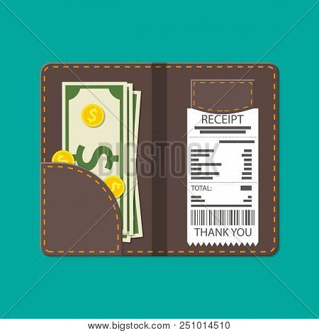 Leather Folder With Cash, Coins And Cashier Check. Thanks For The Service In The Restaurant. Money F