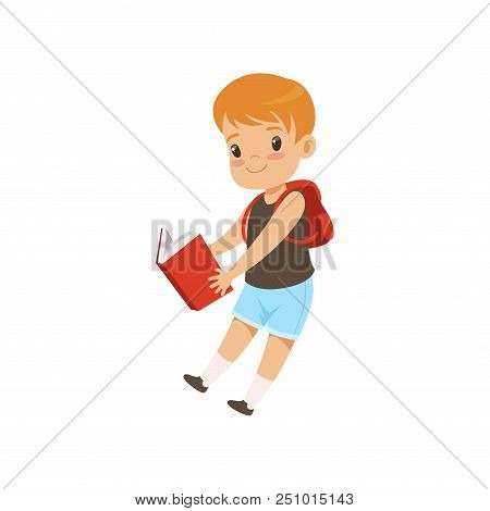 Cute Boy Jumping With Book, Elementary School Student Playing And Learning Vector Illustration Isola