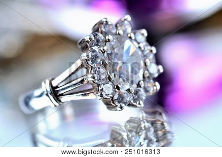 Close-up Of Silver Ring With Diamonds - Jewelery, Cold Color Balance