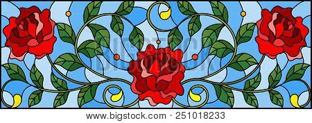 Illustration In Stained Glass Style With Abstracy Red Roses, Curls And Leaves On A Blue Background
