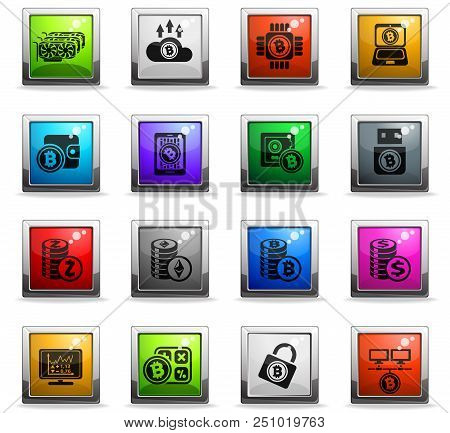 Bitcoin And Cryptocurrency Icons In Square Colored Buttons