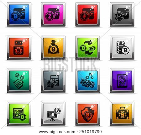 Bitcoin And Cryptocurrency Icons In Square Colored Buttons