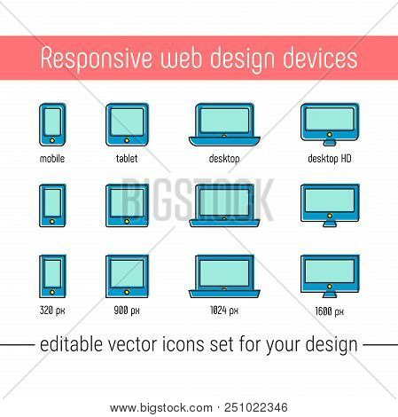 Responsive Design Icons Set Vector. Flat Responsive Design Icons In Memphis Style. Vector Responsive