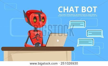 Cartoon Chat Bot Poster Background Template. Illustration With Robot Assistant, Artificial Intellige
