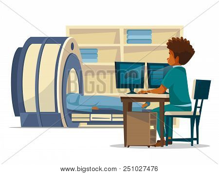 Brain Mri Hospital Cartoon Illustration Of Doctor And Patient On Medical Examination. Flat Design Of