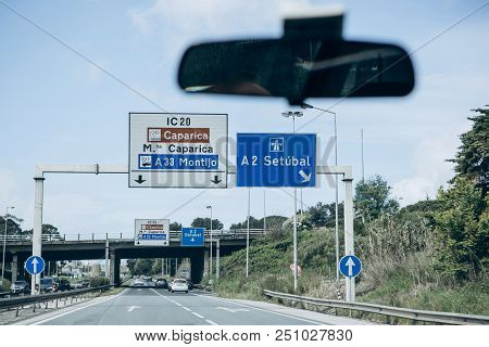 Portugal, Lisbon, 01 May 2018: View From Inside The Car On The Road Leading From Lisbon To The City 