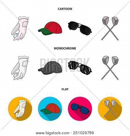 A Glove For Playing Golf With A Ball, A Red Cap, Sunglasses, Two Clubs. Golf Club Set Collection Ico