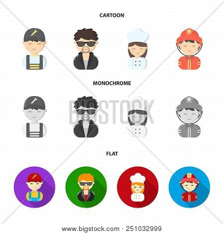 Mechanic, Entertainer, Cook, Fireman.profession Set Collection Icons In Cartoon, Flat, Monochrome St