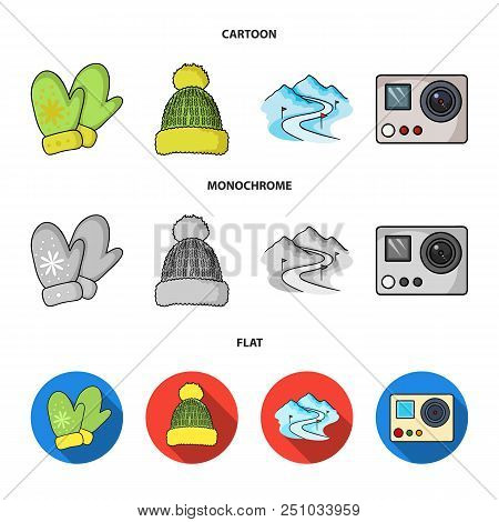 Mittens, Warm Hat, Ski Piste, Motion Camera. Ski Resort Set Collection Icons In Cartoon, Flat, Monoc