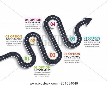 Road Way Location Infographic Template With A Phased Structure. Winding Road Timeline. Stylish Serpe