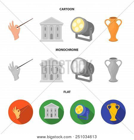 Conductor Baton, Theater Building, Searchlight, Amphora.theatre Set Collection Icons In Cartoon, Fla