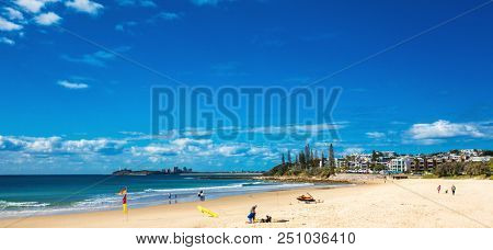 MOOLOOLABA, AUSTRALIA, JUL 22 2018: People enjoying summer at Mooloolaba beach - a famous tourist destination in Queensland, Australia.