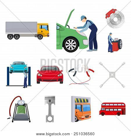Car, Lift, Pump And Other Equipment Cartoon Icons In Set Collection For Design. Car Maintenance Stat