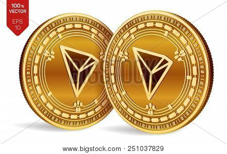 Tron. 3d Isometric Physical Coins. Digital Currency. Cryptocurrency. Golden Coins With Tron Symbol I