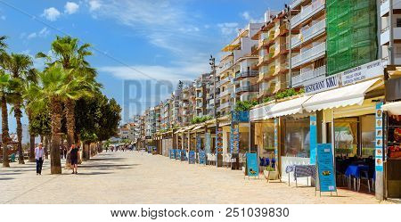 Blanes, Spain - 30 May, 2018: Pedestrian Promenade With Palm Trees, Cafes And Restaurants. Architect