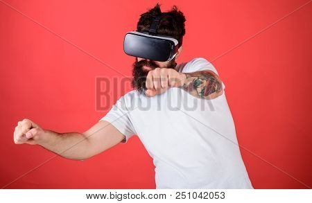 Virtual Racing Concept. Hipster On Confident Face Driving Bike On High Speed In Virtual Reality. Guy