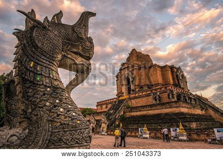 Chiangmai, Thailand - November 28 2016: Wat Chedi Luang In The Evening This Place Is A Buddhist Temp