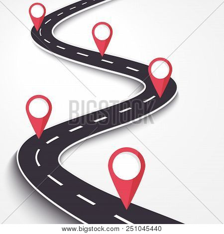 Winding Road On A White Isolated Background. Road Way Location Infographic Template With Pin Pointer