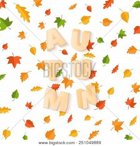 Word Autumn Composition With Green Yellow Red Leaves On White Background In Paper Cut Style. Fall Le