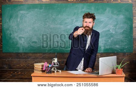 Talking To Students Or Pupils. Teacher Bearded Man Tell Interesting Story. Teacher Charismatic Hipst