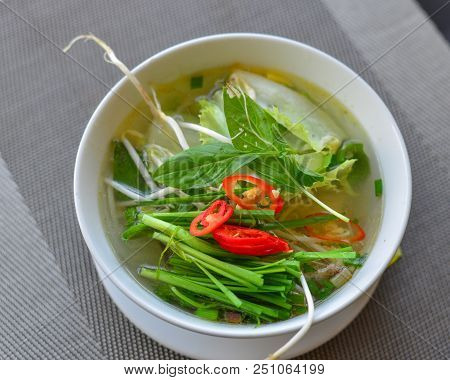 Traditional Vietnamese Noodle Soup (pho Or Hu Tieu) For Breakfast.