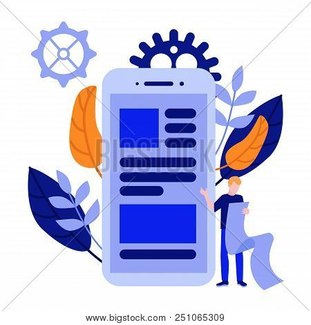 Flat Men It, Software Developer Designer Standing Holding Big Scroll Making Announcement, Advertisem