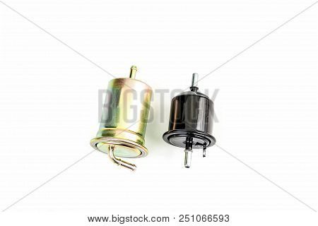 Car Fuel Filter  On A White Background Isolated.  Auto Parts. Spare Parts.