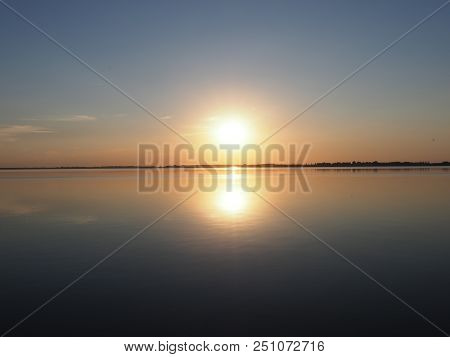 Calm Sun Set Over Artificial European Goczalkowice Reservoir And Coastline Near Pszczyna City In Pol