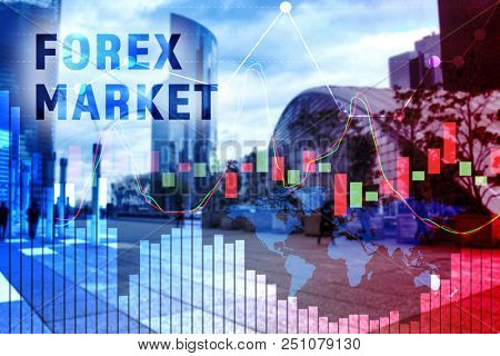 Multiple exposure of stock market data with world map and cityscape. Forex concept