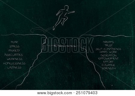 From Fear To Success Conceptual Illustration: Metaphor Of Person Jumpying Over A Cliff With Negative