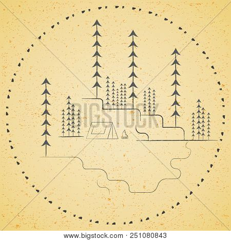 Mountains And A Christmas Tree. Hand-drawn Vector Illustration