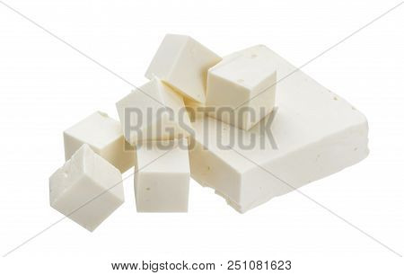 Greek Feta Cubes. Diced Soft Cheese Isolated On White Background With Clipping Path