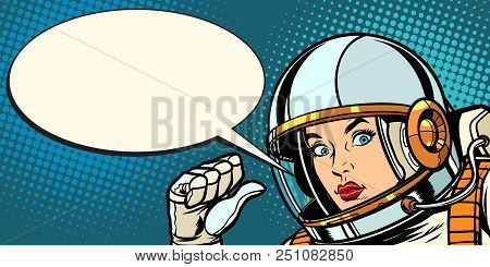 Serious Astronaut Woman Points At Herself. Pop Art Retro Vector Vintage Kitsch Illustration Drawing