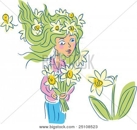 illustrazione vettoriale cartolina della ragazza con fiori