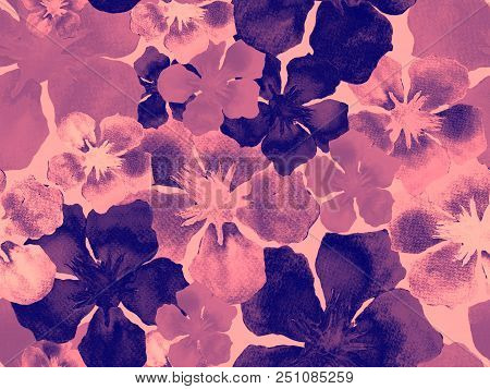 Hawaiian Watercolor Pattern. Pink Red Floral Tropical Seamless Print. Hibiscus And Oleander In Hawai